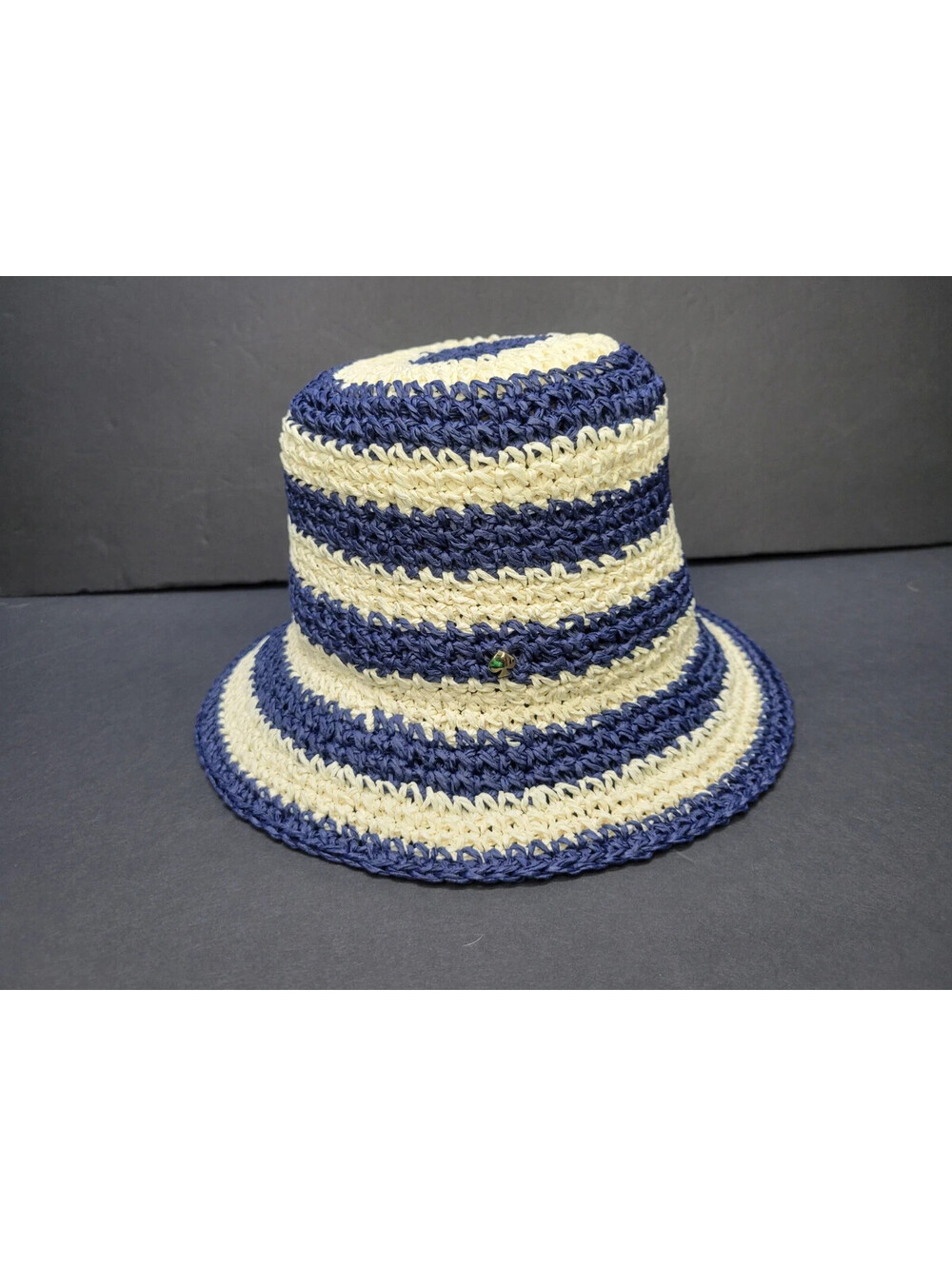 Kate Spade New York Awning Stripe Straw Cloche Paper Hat Cream/Navy O/S NEW